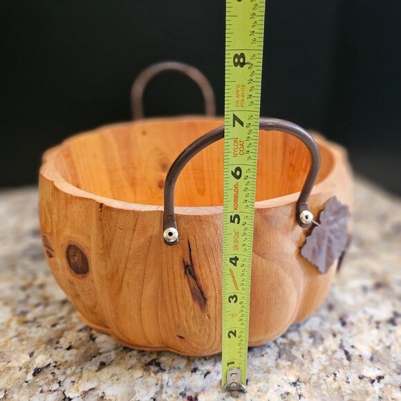 Pier One Rustic Hand Carved Pumpkin Bowl With Metal Handles and Leaf Accent - Picture 7 of 10